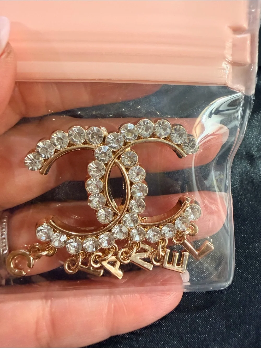 Gold Crystal Double Letter Statement Dangle Brooch Pin | Rhinestone Fashion